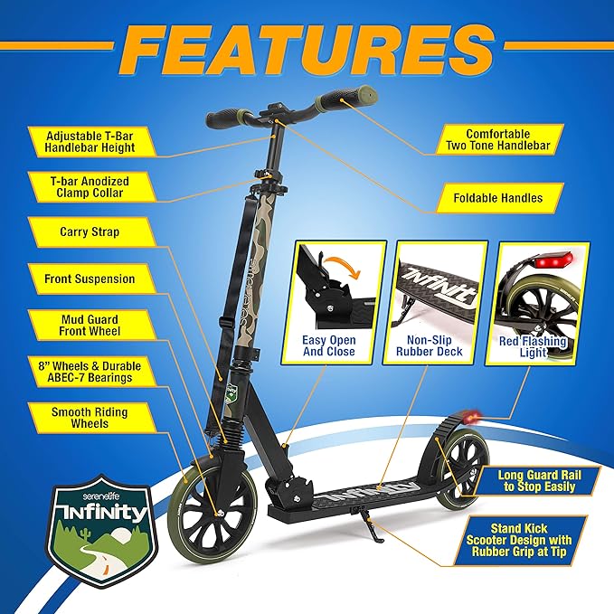 SereneLife Two Wheel Scooter for Teens, Smooth Gliding Kick Scooter for Adults w/Adjustable Height for Ages 8+, Portable All Terrain Scooter w/Carry Straps, Easy to Fold