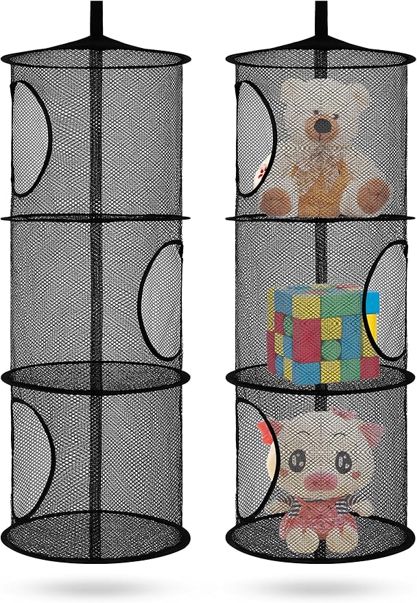 2Pcs Stuffed Animal Storage Foldable Stuffed Animal Net or Hammock Organizer, 3 Compartments Hanging Mesh Toy Storage Hammock for Kid Room Toys, Gloves, Hats, Socks(Black)