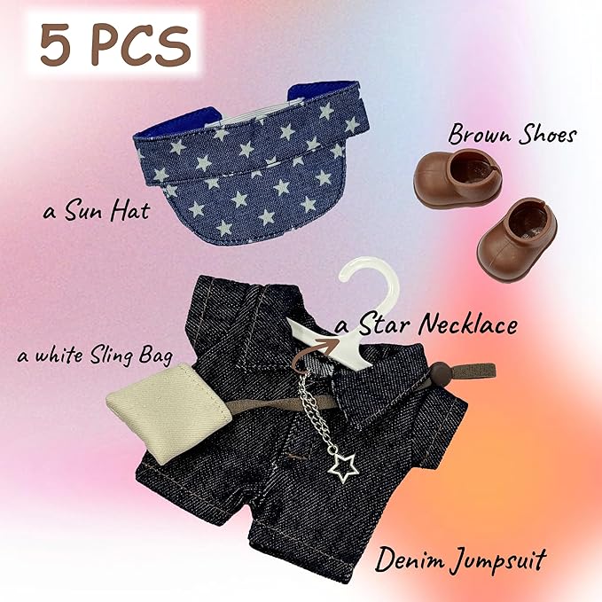 17cm Doll Clothes, Outfits Denim Jeans Set for 17cm Doll, Stylish Adorable 5 Piece Accessories Set with Clothing+Hat+Shoes+Bag+Necklace for Dolls(No Doll)