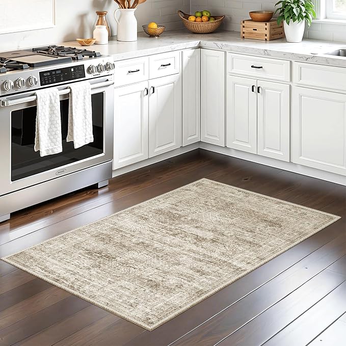 Soalmost 2x3 Washable Rugs for Kitchen, Entryway, Small Area Rug Brown | Non-Slip Vintage Low Pile Throw Door Mat For Bathroom Entry Laundry Powder Room, Stain Resistant Indoor Entrance Floor Carpet