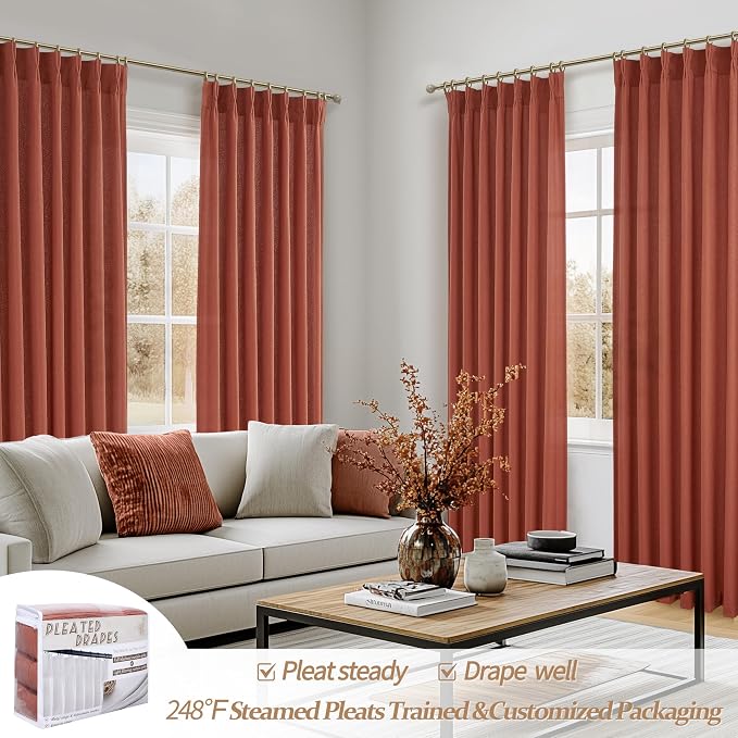 Extra Long Burnt Orange Sheer Fall Curtains & Drapes 108 Inches Long 2 Panels for Kids Room Nursery, Luxury Decor Pinch Pleated Faux Linen Light Filtering Office Floor to Ceiling 40 x 108 Length Burg