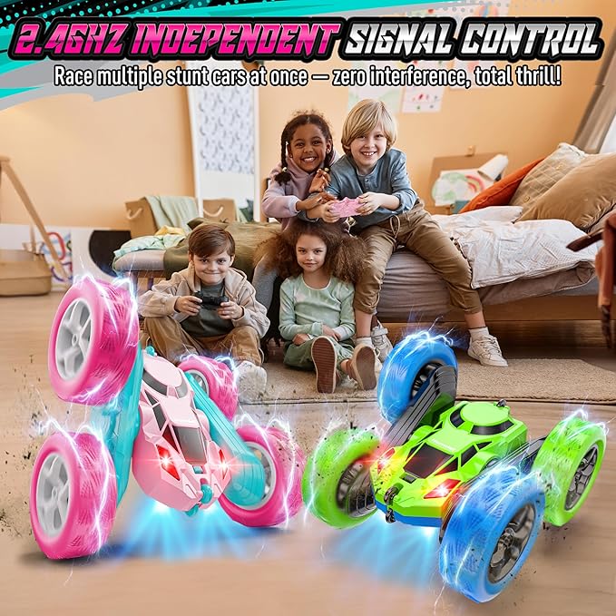Pink RC Car for Girls, 360° Spinning Stunt Remote Control Vehicle with Lights, Upgraded 4WD Toy Rechargeable via USB-C, 2.4GHz Fast Electric Gift for Girls Age 6+ (Pink)