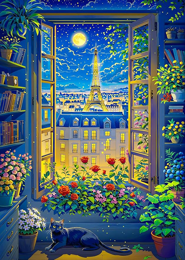 Cat in Paris. TUMBAUMBA, Puzzles for Adults 1000 Pieces, Relaxing Romantic Art Puzzle, Mate Finish Jigsaw Puzzles 1000 Pieces, Poster Included France Puzzles, Cozy Evening Paris Scene