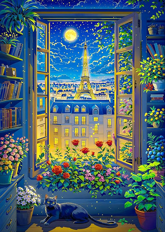 Cat in Paris. TUMBAUMBA, Puzzles for Adults 1000 Pieces, Relaxing Romantic Art Puzzle, Mate Finish Jigsaw Puzzles 1000 Pieces, Poster Included France Puzzles, Cozy Evening Paris Scene