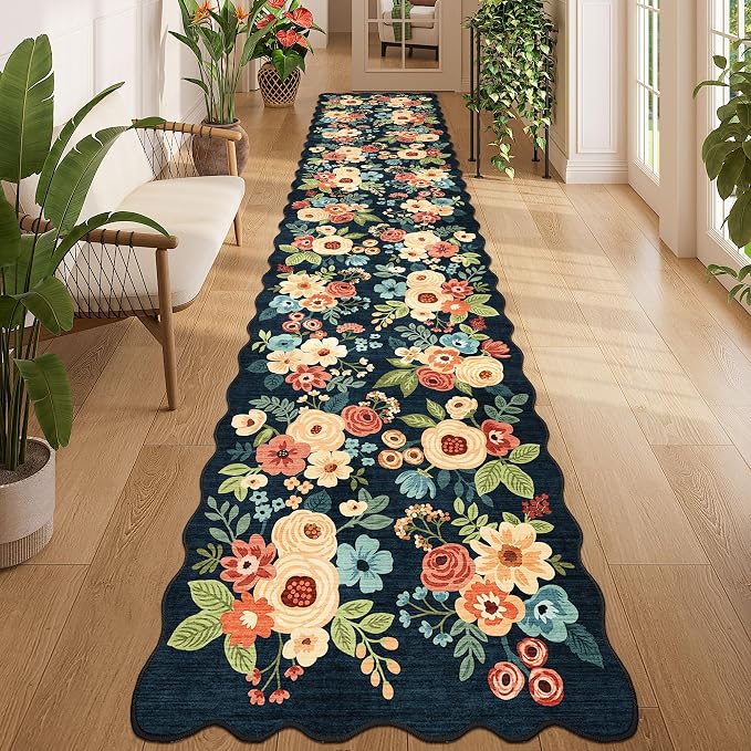 DUKINO 2.6x12 Washable Runner Rug, Floral Non Slip Kitchen Rug, Navy Blue | Low Pile, Stain Resistant, Soft Throw Rugs Runner for Hallway, Entryway, Bedroom, Bathroom, Modern Home Decor, Non-Shedding
