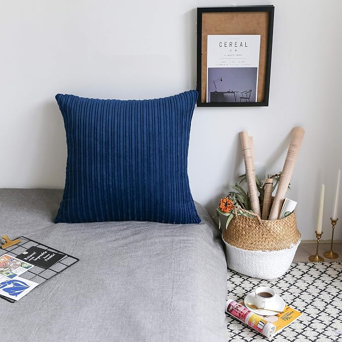 UGASA Striped Textured Velvet Corduroy Pillow Covers Decorative Europe Sham Throw Pillow Cushion Cover for Couch, 1 Pc, (61x61 cm, 24inch), Navy Blue