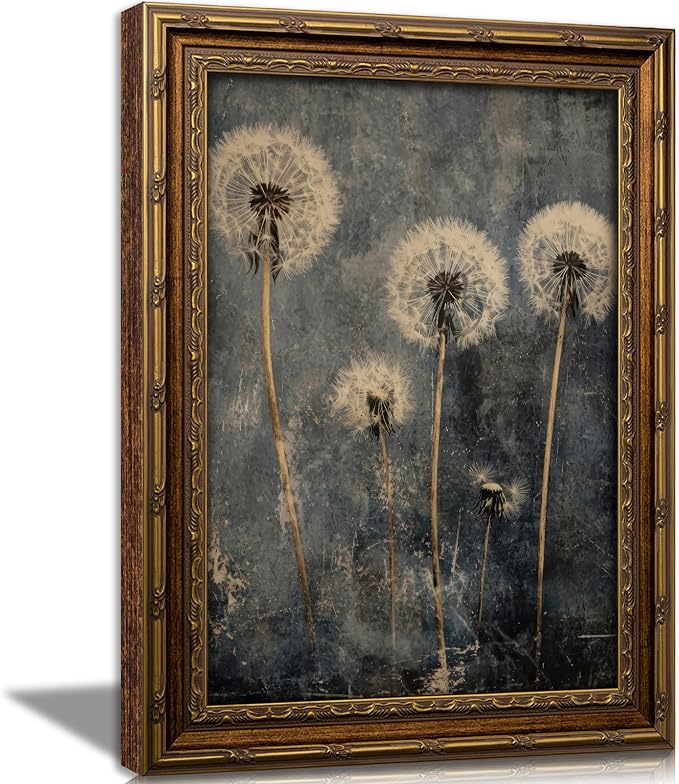 Vintage Gold Framed Dandelion Wall Art Moody Cottagecore Dandelion Painting Canvas Print Gothic Dark Plant Print Poster Wall Decor Retro Moody Plant Floral Poster Artwork for Bedroom Living room