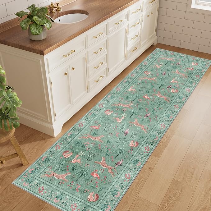 DUKINO 2.6x8 Rug for Hallway, Washable Kitchen Runner Rug Non Slip, Teal | Low Pile, Stain Resistant, Soft Animal Indoor Carpet Runner for Entryway, Bedroom, Bathroom, Laundry, Lightweight, Home Decor