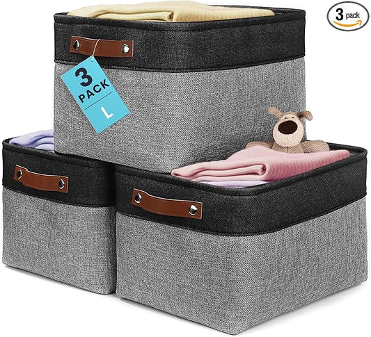 OrganiHaus 15x11in Canvas Storage Baskets 3 Pack - Fabric Bins for Shelves | Vegan leather handles; a decorative closet organizer for clothes, shoes, or toys; bedroom container