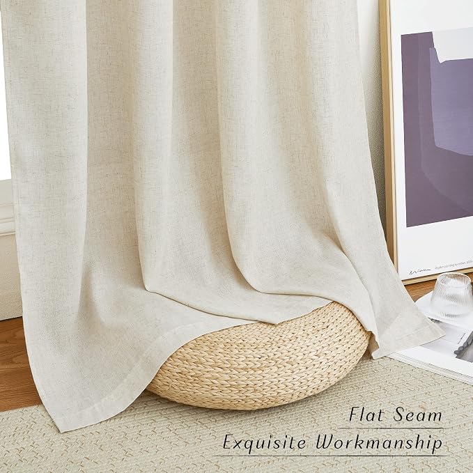 NICETOWN Natural Linen Short Curwtains 45 inches Long, Thick Flax Linen Window Treatments Privacy Assured with Light Filtering for Farmhouse/Bedroom, W42 x L45, 2 Panels