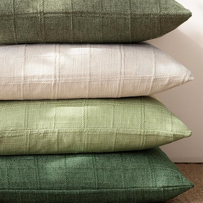 Foindtower Set of 2 Decorative Linen Check Throw Pillow Covers Neutral Farmhouse Vintage Cushion Covers Modern Boho Accent Home Decor for Sofa Chair Couch Bedroom Living Room,24×24 Inch,Light Green