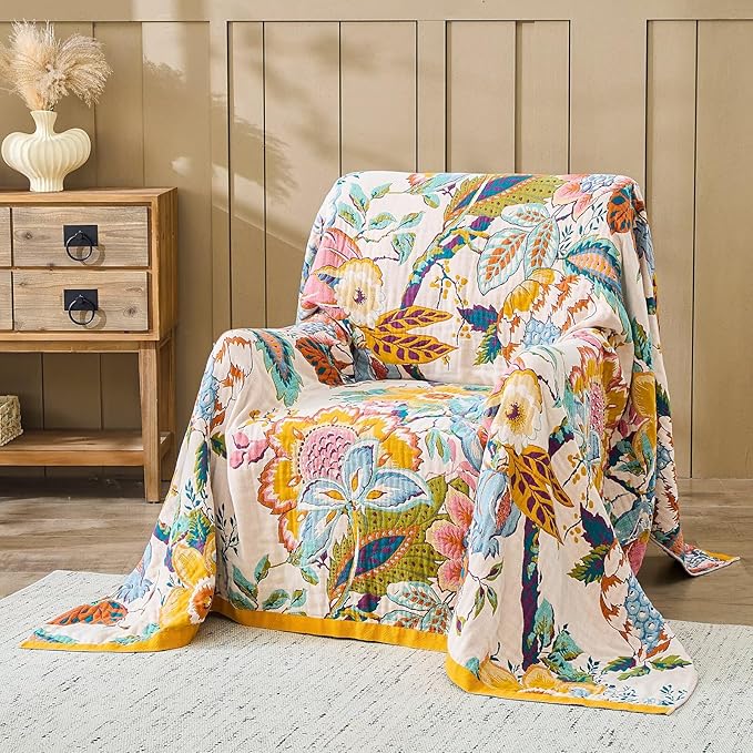 XIBLC Boho Throw Blanket 100% Cotton Vintage Blanket Muslin Woven Flower Decorative Throw Blankets All Season Bohemian Rustic Farmhouse Decor Quilt for Bed (Yellow 80"x90")