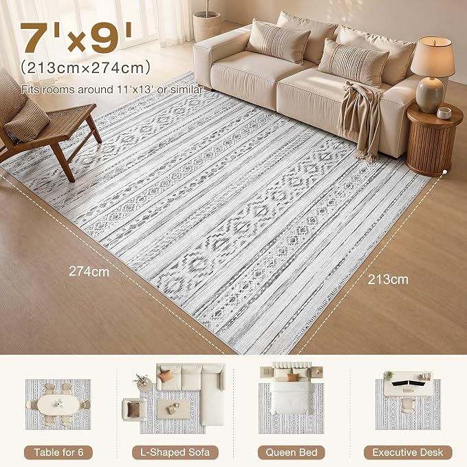 cotiled 7x9 Area Rugs Living Room Rug: Washable Boho Rugs with Non Slip Backing Large Soft Indoor Stain Resistant Carpet for Bedroom Farmhouse Dining Room Lightweight Home Decor Cream Grey