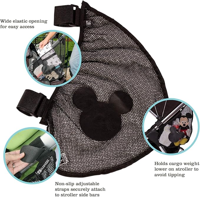 J.L. Childress Disney Baby Side Sling Stroller Cargo Net - Stroller Organizer Attachment for Storage,Mesh Bag for Baby Accessories,Universal Fit - Mickey,Black,(Pack of 12)