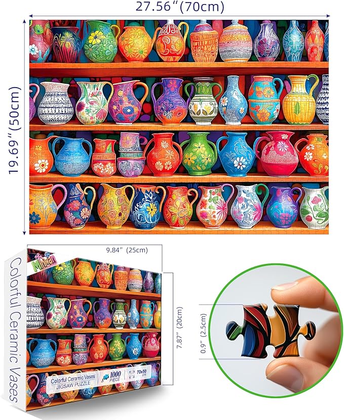 1000 Piece Jigsaw Puzzle for Adults - Colorful Floral & Geometric Vase Collection - Unique & Challenging Puzzle (27.5x19.7 Inches) for Relaxation, Home Decor & Family Fun