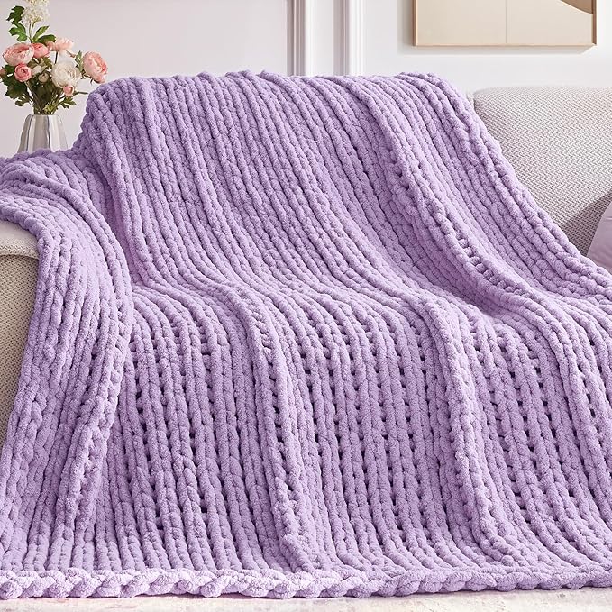 Negwoo Chunky Knit Throw Blanket, Knitted Throw Chenille Yarn, 60"*80" | Soft Thick Cable Knitted Blankets, Handmade Big Thick Blanket,Machine Washable Cute Comfy Blanket for Home Decor,Light purple