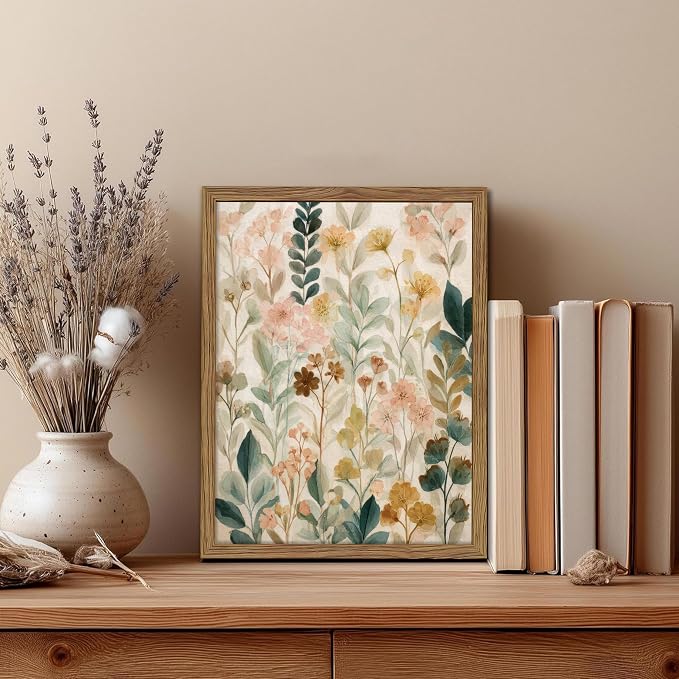Framed Boho Floral Wall Art, Neutral Botanical Wildflower Canvas Wall Decor Painting, Vintage Flower Poster Print Picture for Living Room Bathroom Bedroom 12x16 Inch