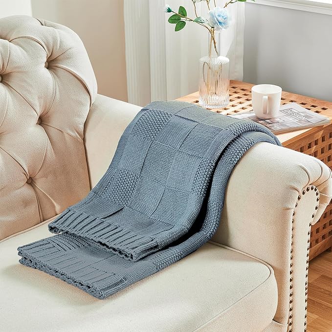 CozeCube Dusty Blue Knitted Checkered Throw Blanket 60"X80" | Check Knit Throw for Couch, Decorative Christmas Soft Cozy Warm Blanket for Bed Sofa Living Room