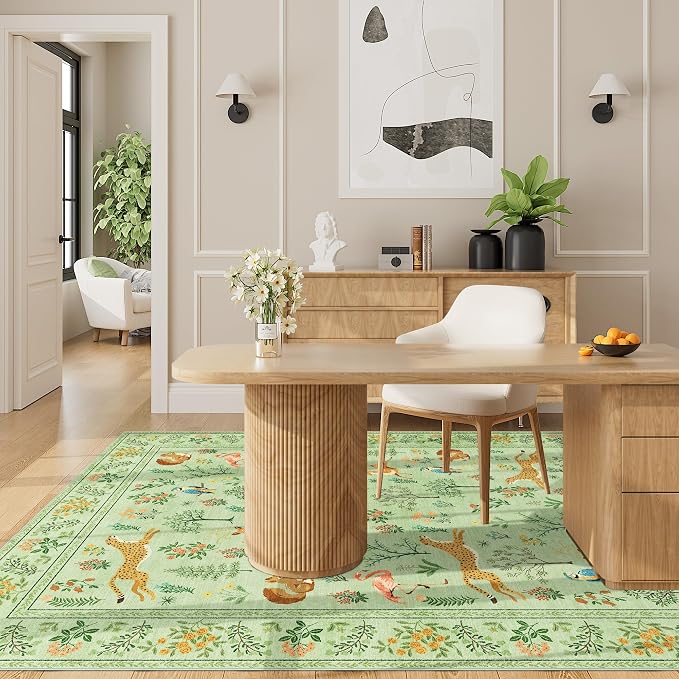 DUKINO 4x6 Area Rug, Non Slip Animal Washable Living Room Rug, Light Green | Soft, Low Pile, Stain Resistant Indoor Carpet for Bedroom, Dining Room, Nursery, Farmhouse, Pet Friendly, Non-Shedding