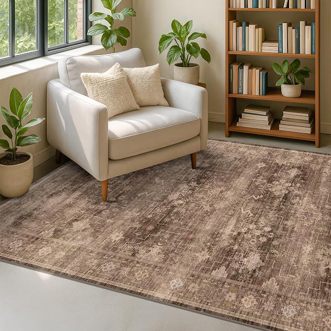 Hazo Haus Boho Brown Living Room Rug 6x8 - Modern Vintage Traditional Oriental Taupe Neutral, Washable Low Pile Non-Slip Extra Large Area Rugs for Dining Under Table Bedroom Lounge