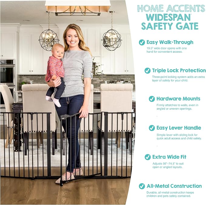 Regalo Safety 56-74.5" Super Wide Baby Gate for Doorways & Open Spaces, Wall Mounted Configurable Safety Gate with Walk-Through Door for Babies, Toddlers & Pets, Black