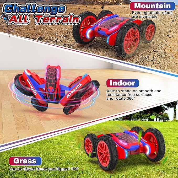 Spider Remote Control Car for Kids - 2.4Ghz Fast RC Stunt Cars, 360° Rotating 4WD RC Crawler with Lights, Rechargeable Car Toy for Boys Ages 6 7 8 9 10 Birthday Black&Red