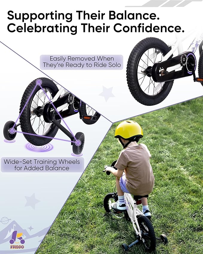 KRIDDO 14-16 Inch Kids Bike for Ages 3–8, Boys and Girls Bicycle with Removable Training Wheels, Bicycle for Kids with Hand Brake & Coaster Brake, Adjustable Height, DIY Name Plate