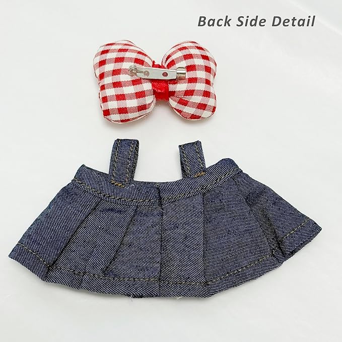 17cm Doll Clothes, Clothes for Cute Dolls Outfit, Stylish Kawaii Clothes & Accessories for 15-17cm Dolls, Denim Skirt+Red Plaid Bow Pin+Mini Camera+Keychains (Indigo)