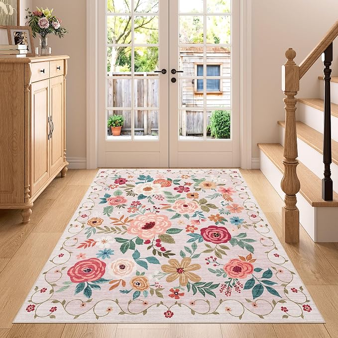 DUKINO 4x5 Area Rug for Entryway, Soft Floral Washable Rug Non Slip, Beige | Low Pile, Non-Shedding Indoor Carpet for Bedroom, Kitchen, Living Room, Nursery, Pet Friendly, Stain Resistant, Home Decor