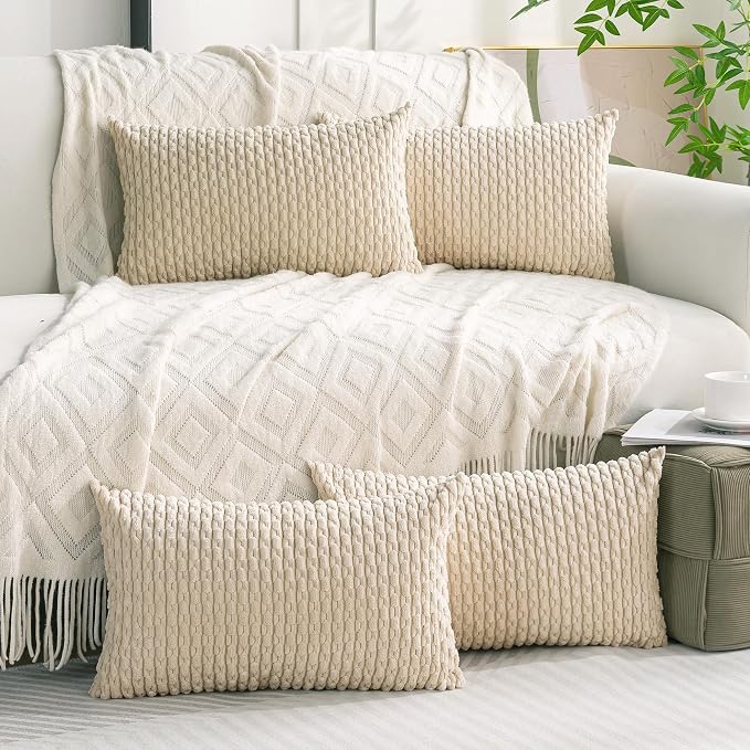 Set of 4 Beige Decorative Throw Pillow Covers 12x20 Inch Corduroy Pillow Covers for Bed Couch Sofa Living Room Soft Cushion Cases