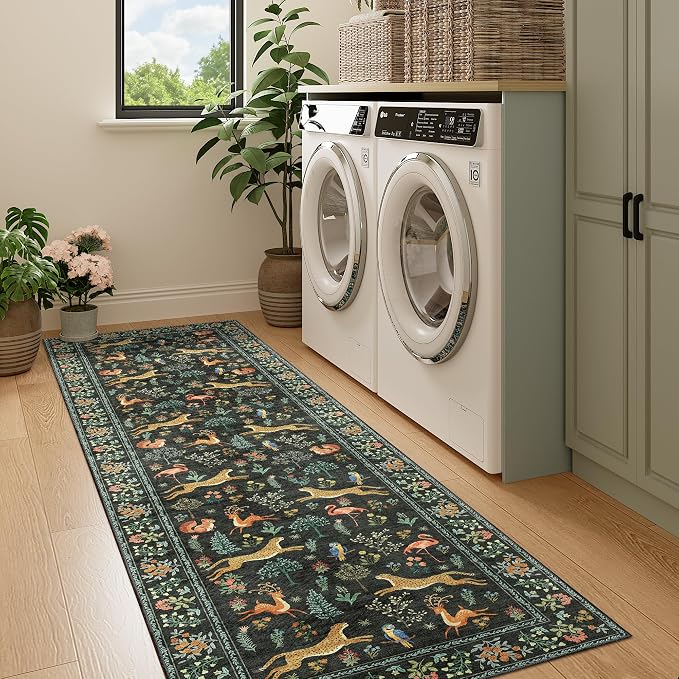 DUKINO 2x7 Runner Rug for Hallway, Washable Kitchen Rugs Non Slip, Black | Low Pile, Stain Resistant, Animal Indoor Carpet Runner for Hallway, Entryway, Bedroom, Bathroom, Lightweight, Pet Friendly