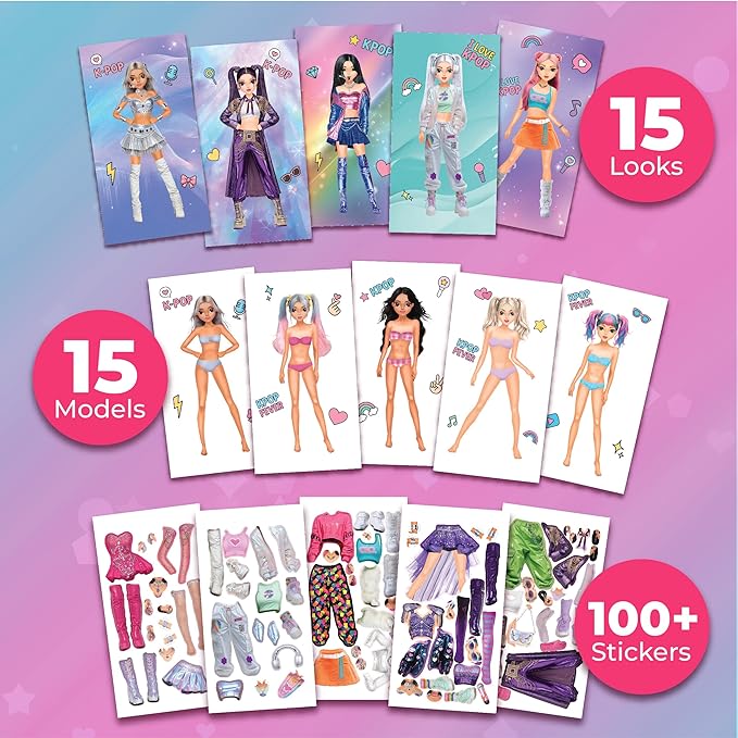 Sticker Dress up K-Pop - Sticker Activity Book for Kids. Learn Girls Fashion Design with Stickers and Guides for Kids 5 and up. Little Designer Creativity Book. K-Pop Singer Performance