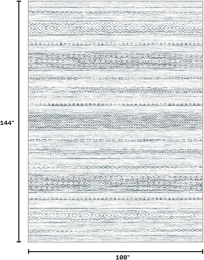 Nakagishi 9x12 Area Rugs Living Room: Washable Boho Large Neutral Soft Farmhouse Rug Stain Resistant Modern Indoor Floor Non-Slip Carpet for Bedroom Nursery Kids Playroom Office Dining Dorm-White Blue