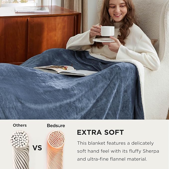 Bedsure GentleSoft Sherpa Fleece Cal King Blankets for Bed, Non-Heated, Thick and Warm Oversized Throw for Women and Men, Soft Fuzzy Plush Large Blanket for Winter, Slate Blue, 112x98 Inches