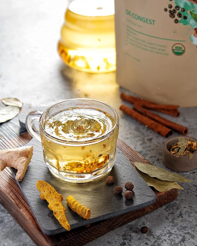 Gardenika Organic Decongest Loose Leaf Tea, Herbal, Caffeine-Free, KSA Kosher, Ayurvedic Blend with Turmeric, Cinnamon, Liquorice, Ginger Root – 4oz (1 Pack)