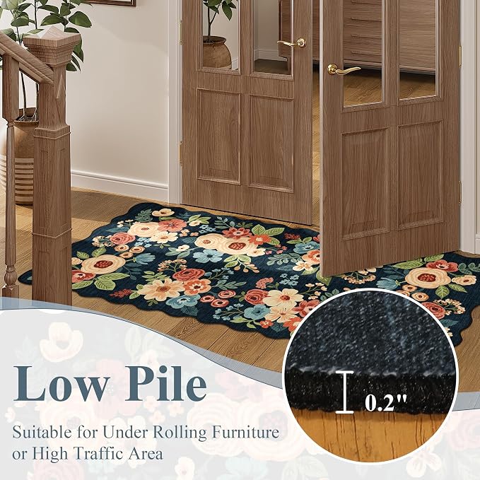 DUKINO 2x6 Runner Rug, Floral Washable Rug for Kitchen Non Slip, Navy Blue | Soft, Low Pile, Non-Shedding Long Runner Rugs for Kitchen, Entryway, Bedroom, Bathroom, Pet Friendly, Home Decor, Ultra-Thin