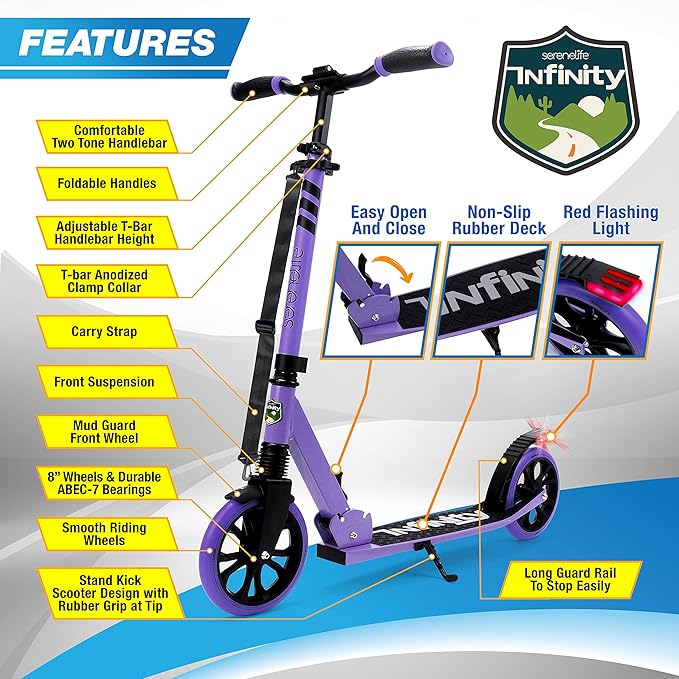 SereneLife Two Wheel Scooter for Teens, Smooth Gliding Kick Scooter for Adults w/Adjustable Height for Ages 8+, Portable All Terrain Scooter w/Carry Straps, Easy to Fold