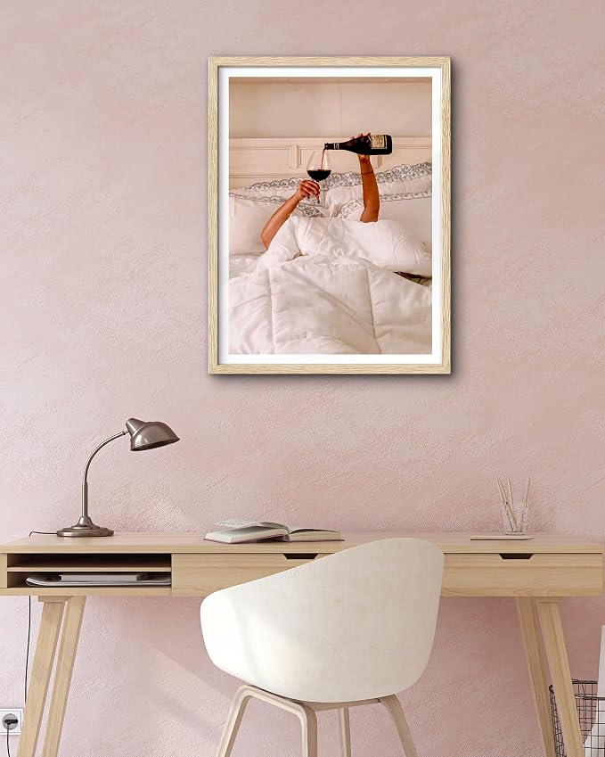 EcoHest 16x20 in Woman Drinking Wine in Bed Framed Wall Art for Bedroom | Solid Oak Wood Frame with Canvas Wall Art, Feminist Wine Wall Decor for Bathroom, Apartment, Dorm, College Room, 1Pack