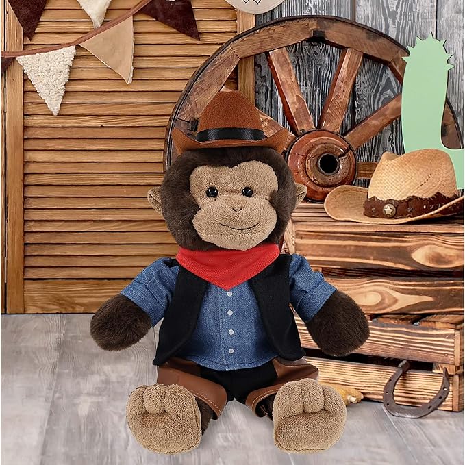 DolliBu Monkey Stuffed Animal Cowboy Plush with Name Personalization - Western-Themed Monkey Plush with Cute Cowboy Costume Denim Shirt Vest, Bandana, Leather Pants, and Hat - 9 Inches