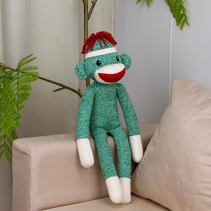 Plushland Adorable Green Sock Monkey, The Original Traditional Hand Knitted Stuffed Animal Toy Gift-for Kids, Babies, Teens, Girls & Boys Baby Doll Present Puppet 20"