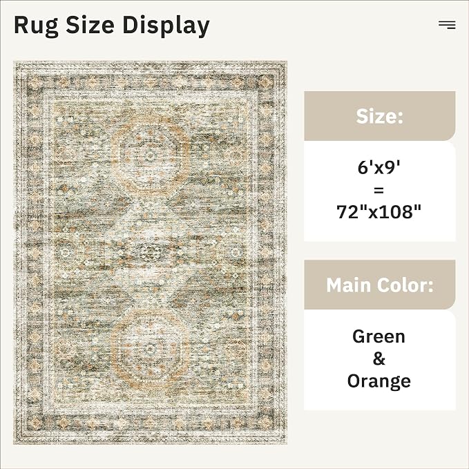 Soalmost 6x9 Area Rug for Living Room Washable Rugs Non-Slip Green/Orange | Low-Pile Vintage Carpet for Dining Bedroom, Foldable Thin Stain Resistant Floor Mat Under Table Home Office Nursery Decor