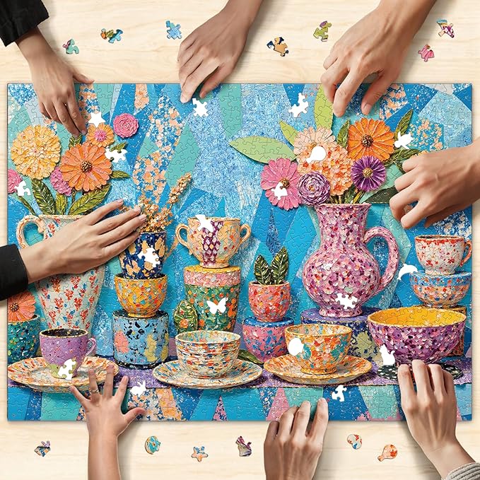 Vibrant Teapot Ceramic Collage Jigsaw Puzzles for Adults 1000 Pieces, Irregularly Shaped Difficult Puzzles Perfect for Game Night, Great Gift Idea, Size 26.65 x 19.25 in