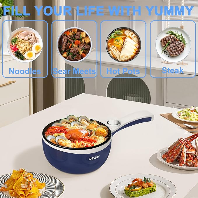 Dezin Electric Pot, 1.5L Non-Stick Portable Hot Pot Electric Upgraded, 700W | Dual Power, Electric Pot for Cooking Steak, Egg, Oatmeal, Mini Ramen Cooker for Dorm, Travel, Camping, RV, Office, Navy Pan
