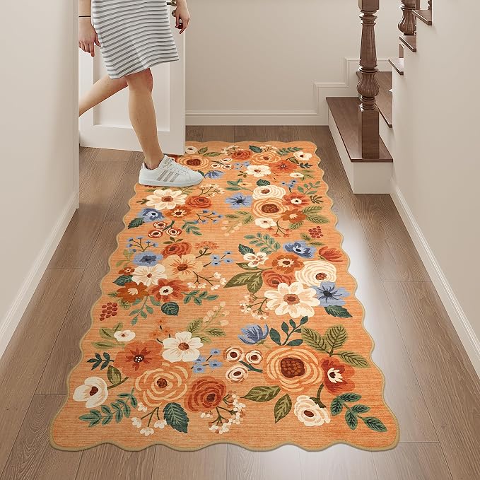 DUKINO 2x4 Rug for Entryway, Floral Washable Kitchen Rugs Non Slip, Orange | Soft, Low Pile, Stain Resistant Throw Runner Rug for Hallway, Bedroom, Bathroom, Laundry, Pet Friendly, Modern Home Decor