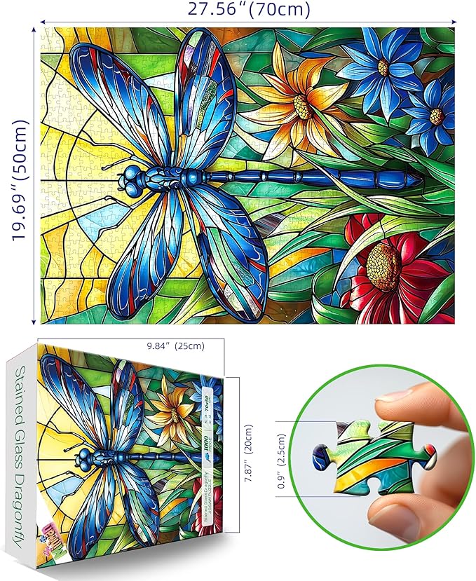 1000 Piece Jigsaw Puzzle for Adults - Stained Glass Dragonfly & Flowers Art Puzzle, 27.5x19.7 Inch Unique Hard Difficult Challenging Puzzle for Adults