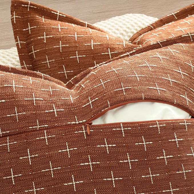 Fall Pillow Covers 20x20 Set of 2 Soft Polyester Textured Rust Pillow Covers with Stylish Flange Edge Cozy Farmhouse Throw Pillows for Couch Bed Sofa Living Room Fall Decor