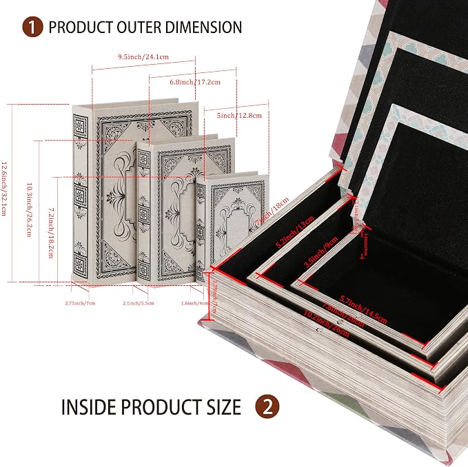 Decorative Wooden Book Box Set of 3 - Vintage Faux Book Boxes for Home Decor, Secret Storage with Magnetic Closure, Antique Style, Linen Cover Design, Perfect for Home Office Bookshelf