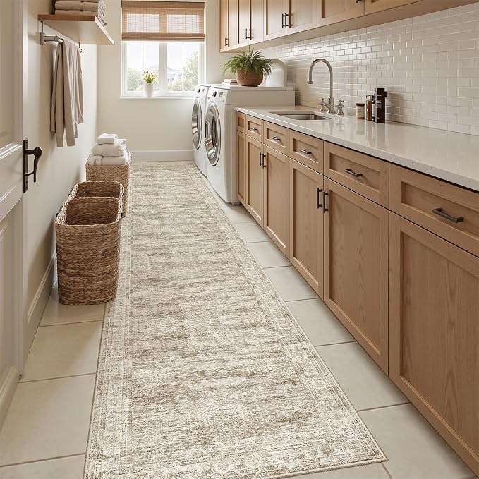 Soalmost Runner Rug 2x10 Washable Non-Slip Hallway Kitchen Runners Brown | Stain Resistant Vintage Rugs for Bathroom Laundry Room, Low Pile Foldable Floor Carpet Mat for Entryway Corridor Bedroom