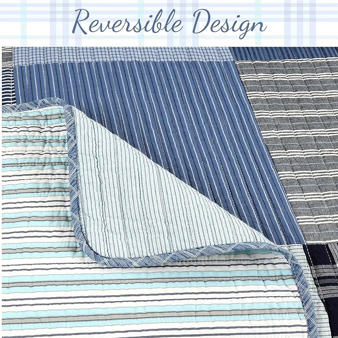 Cozy Line Home Fashions Plaid Patchwork Bedding Quilt Set, Navy Blue 100% Cotton Reversible Coverlet Bedspread for Kids Teen Boy (Craver, Queen - 3 Piece)
