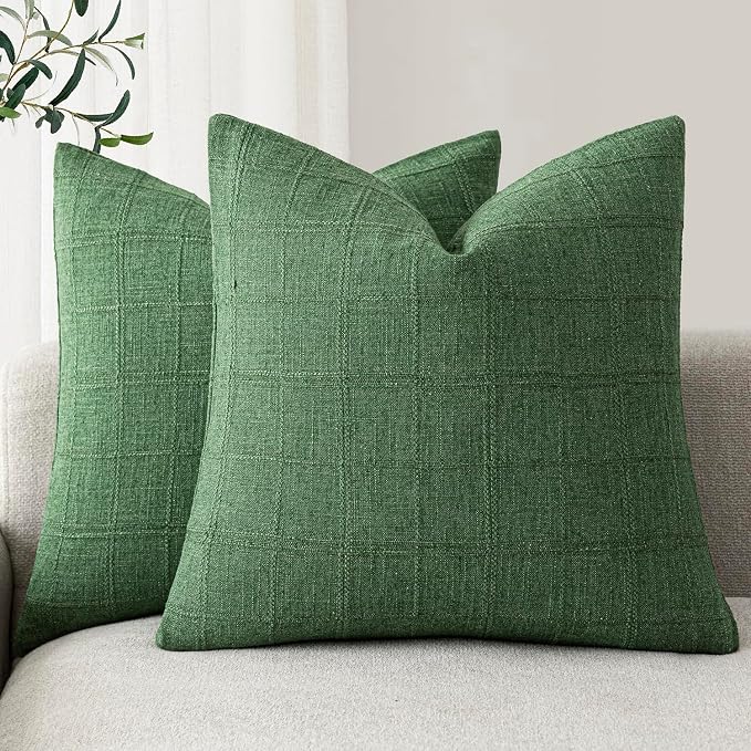 Foindtower Set of 2 Decorative Linen Check Throw Pillow Covers Neutral Farmhouse Vintage Cushion Covers Modern Boho Accent Home Decor for Sofa Chair Couch Bedroom Living Room,18×18 Inch,Forest Green